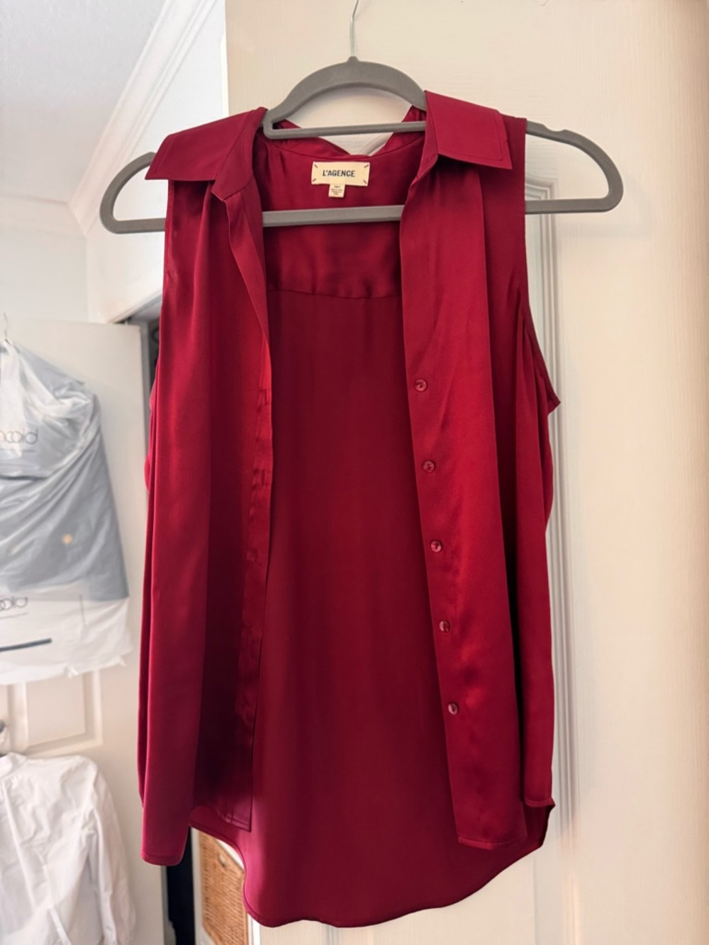 L'AGENCE Sleeveless Satin Button-Front Camisole in Burgundy Red